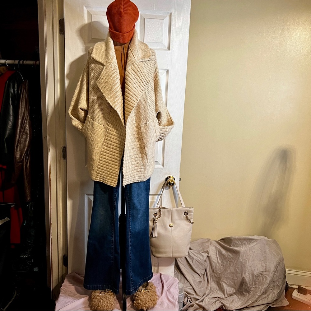 Lush Women’s Chunky Cotton Knit Oatmeal Collard Cocoon Cardigan M
